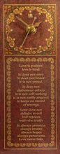Load image into Gallery viewer, Christian Timepiece. Bible text of 1 Corinthians 13 on free-standing clock in gold and carmine  Quality quartz movement