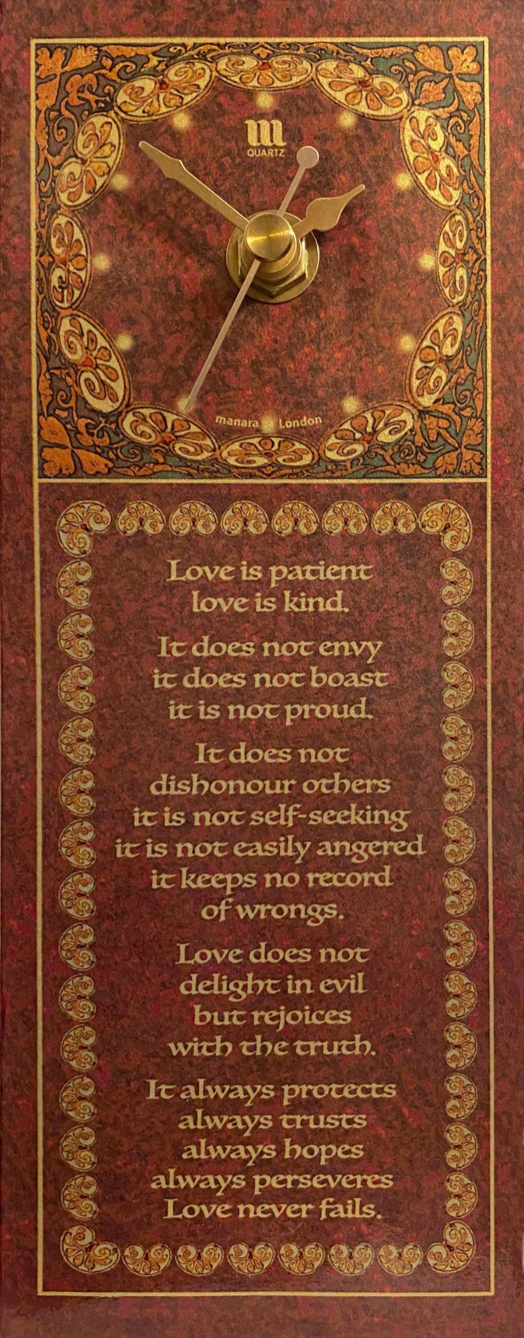 Christian Timepiece. Bible text of 1 Corinthians 13 on free-standing clock in gold and carmine  Quality quartz movement