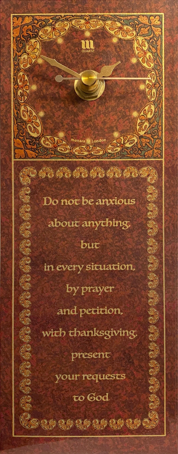 Christian Timepiece. Bible text of Philippians 4:6 on free-standing clock in gold and carmine.  Quality quartz movement